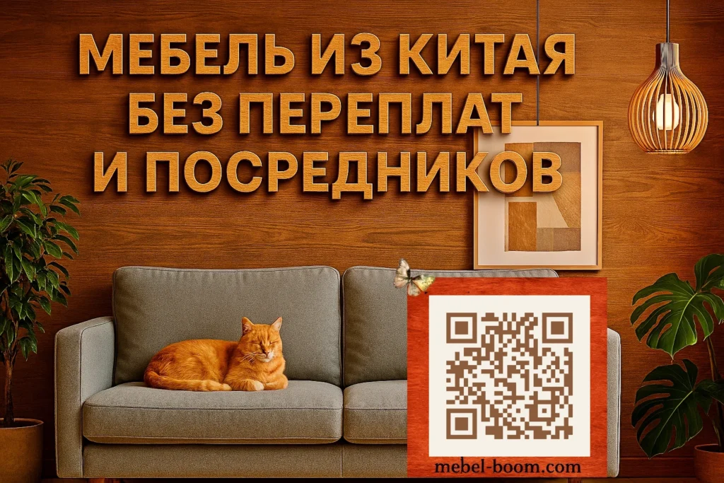 Рыжий кот спит на сером диване, на фоне надписи "Мебель из Китая без посредников"